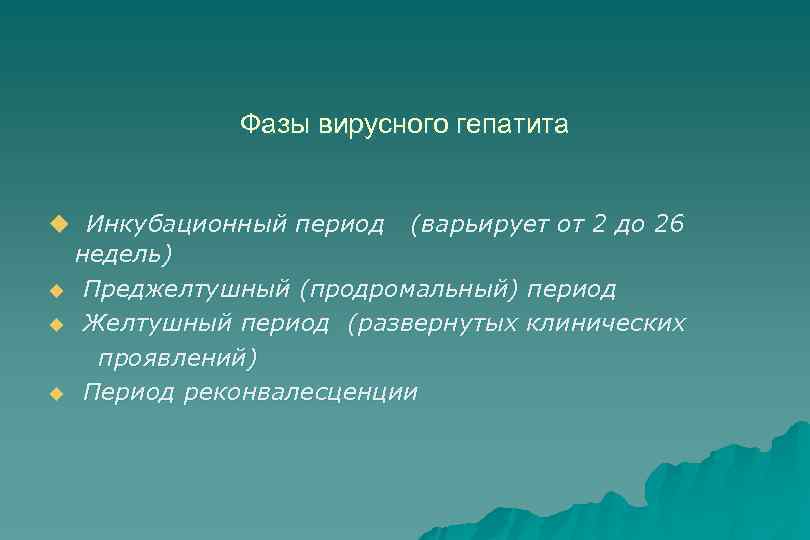 Фазы вирусного гепатита u Инкубационный период (варьирует от 2 до 26 недель) u Преджелтушный