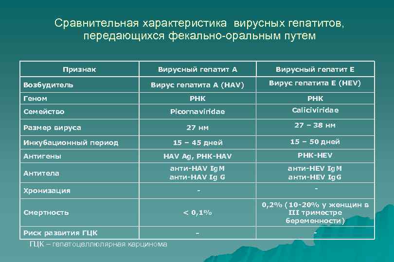 Сравнительная характеристика вирусных гепатитов, передающихся фекально-оральным путем Признак Вирусный гепатит А Вирусный гепатит Е