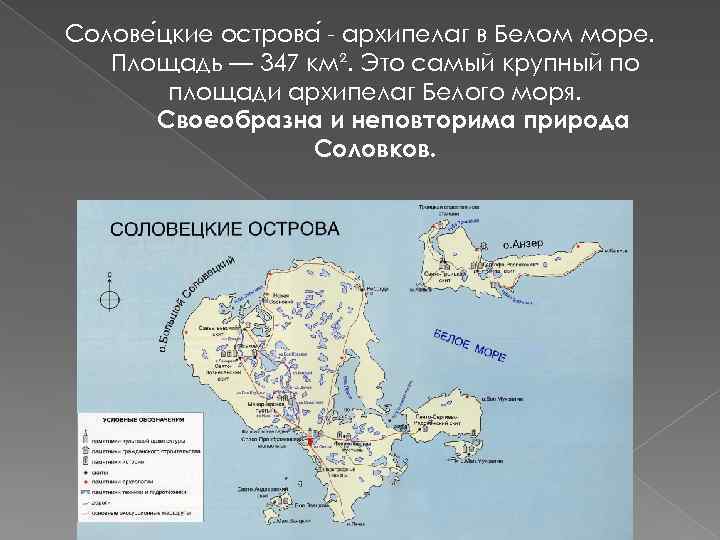 Солове цкие острова - архипелаг в Белом море. Площадь — 347 км². Это самый