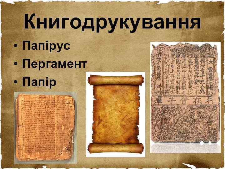 Книгодрукування • Папірус • Пергамент • Папір 