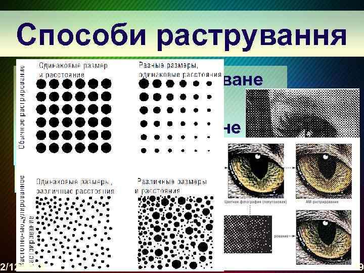 Способи растрування • амплітудно-модульоване (автотипне); • частотно-модульоване (стохастичне) • гібридне 2/12/2018 19 