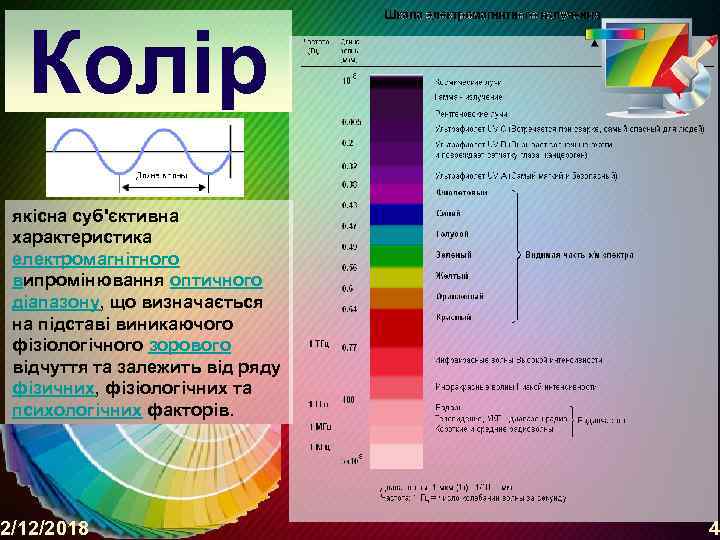 Колір якісна суб'єктивна характеристика електромагнітного випромінювання оптичного діапазону, що визначається на підставі виникаючого фізіологічного