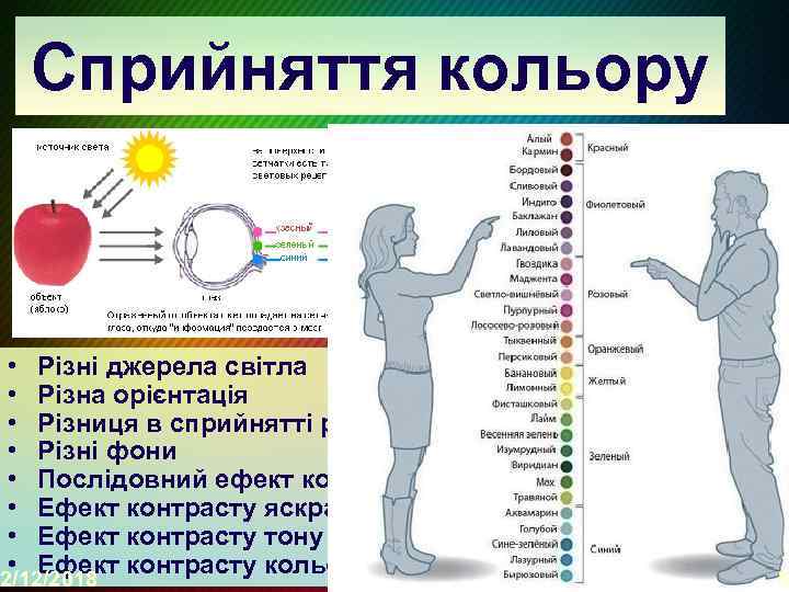 Сприйняття кольору • • Різні джерела світла Різна орієнтація Різниця в сприйнятті розміру Різні