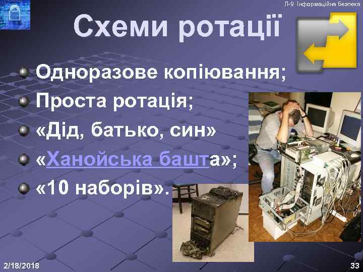 Л-9 Інформаційна безпека Схеми ротації Одноразове копіювання; Проста ротація; «Дід, батько, син» «Ханойська башта»