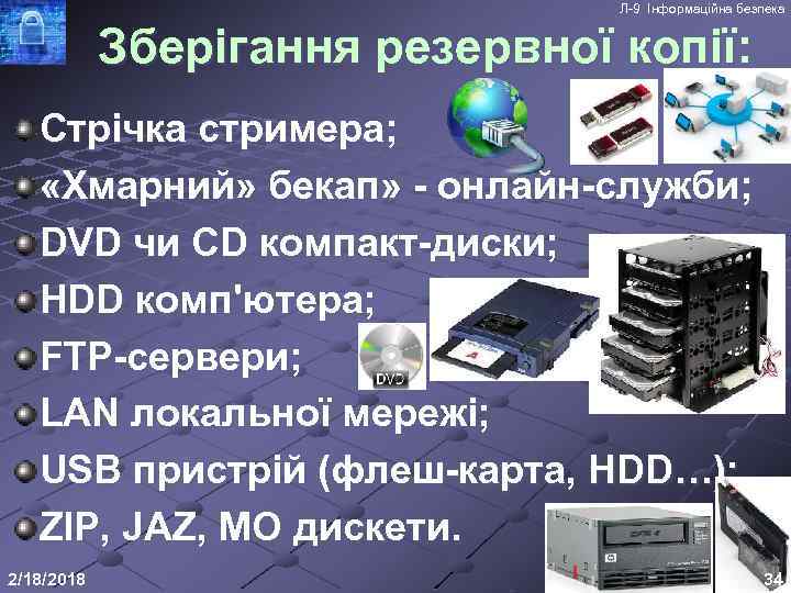 Л-9 Інформаційна безпека Зберігання резервної копії: Стрічка стримера; «Хмарний» бекап» - онлайн-служби; DVD чи