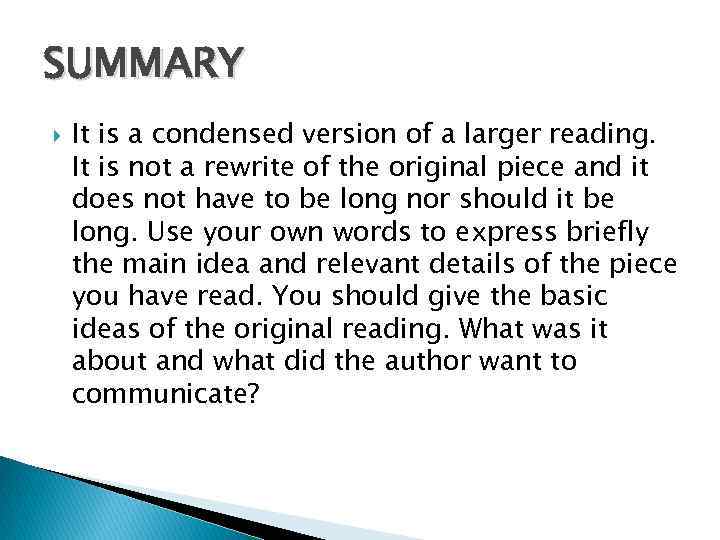 SUMMARY It is a condensed version of a larger reading. It is not a