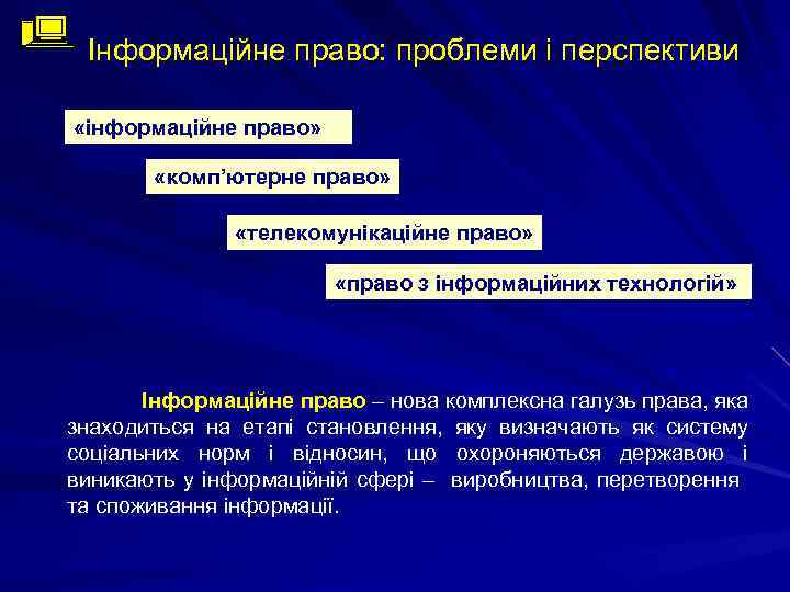 Інформаційне право: проблеми і перспективи «інформаційне право» «комп’ютерне право» «телекомунікаційне право» «право з інформаційних