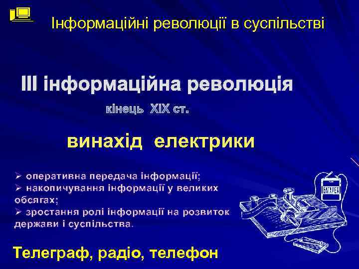 Інформаційні революції в суспільстві ІІІ інформаційна революція кінець XIХ ст. винахід електрики Ø оперативна