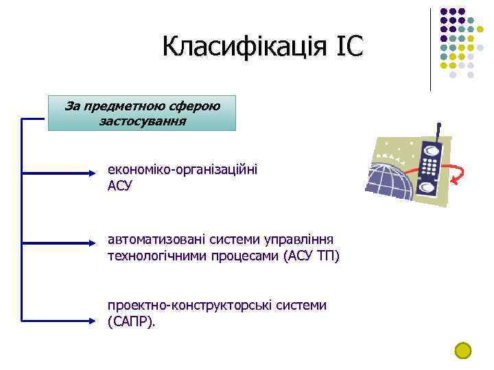 Класифікація ІС За предметною сферою застосування економіко-організаційні АСУ автоматизовані системи управління технологічними процесами (АСУ