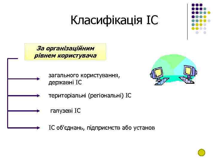 Класифікація ІС За організаційним рівнем користувача загального користування, державні ІC територіальні (регіональні) ІС галузеві