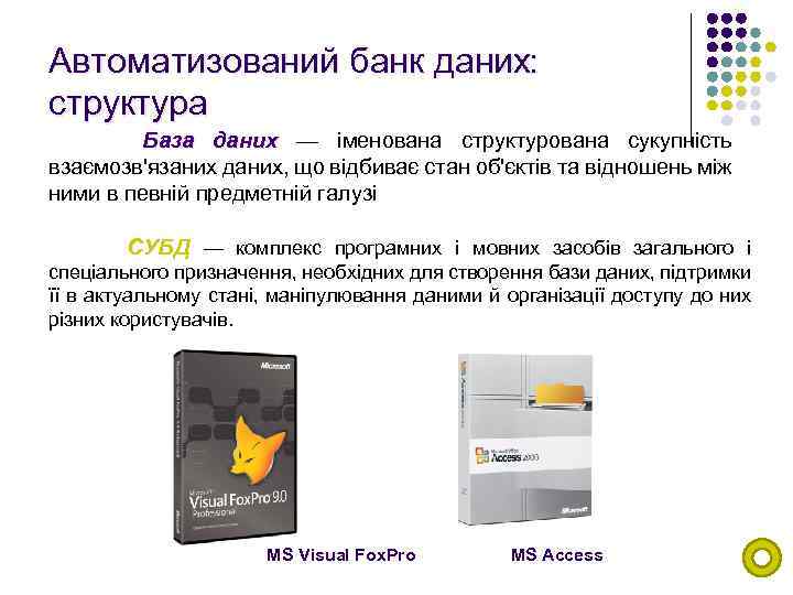 Автоматизований банк даних: структура База даних — іменована структурована сукупність взаємозв'язаних даних, що відбиває