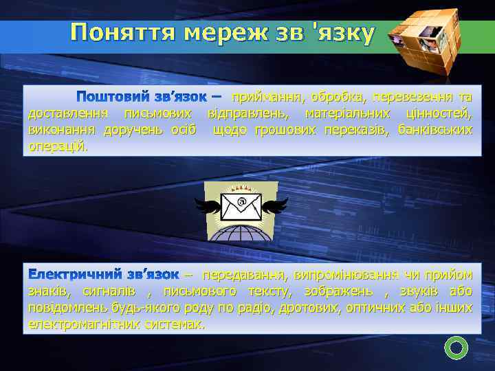 Поняття мереж зв 'язку приймання, обробка, перевезення та доставлення письмових відправлень, матеріальних цінностей, виконання