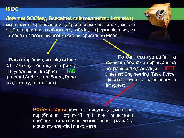 ISOC (Internet SOCiety, Всесвітнє співтовариство Інтернет) міжнародна організація з добровільним членством, метою якої є