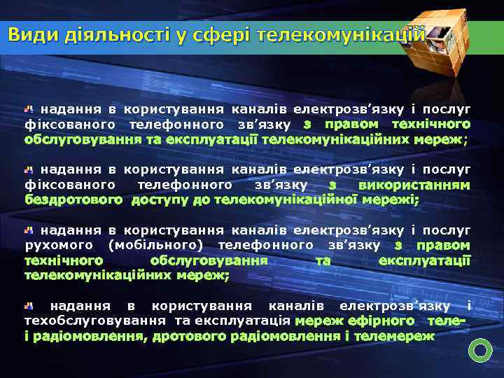 Види діяльності у сфері телекомунікацій надання в користування каналів електрозв’язку і послуг фіксованого телефонного