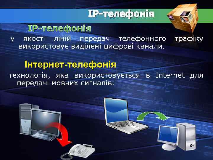 ІР-телефонія IP-телефонія у якості ліній передач телефонного використовує виділені цифрові канали. трафіку Iнтернет-телефонія технологія,