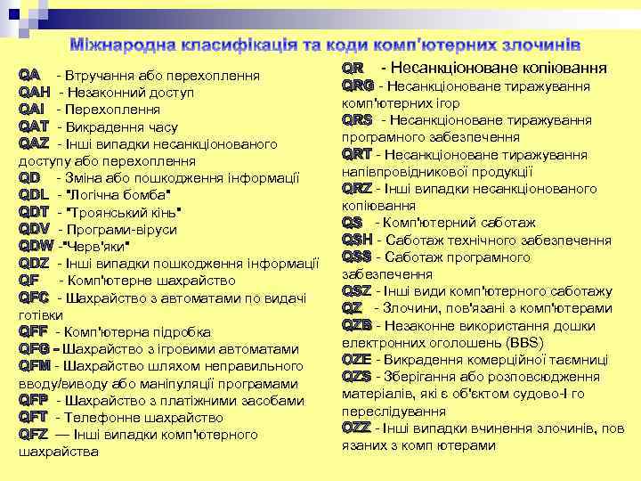QA - Втручання або перехоплення QAH - Незаконний доступ QAI - Перехоплення QAT -