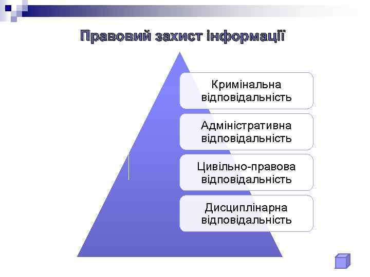 Правовий захист інформації Кримінальна відповідальність Адміністративна відповідальність Цивільно-правова відповідальність Дисциплінарна відповідальність 