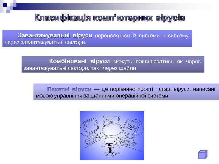 Класифікація комп’ютерних вірусів Завантажувальні віруси переносяться із системи в систему через завантажувальні сектори. Комбіновані