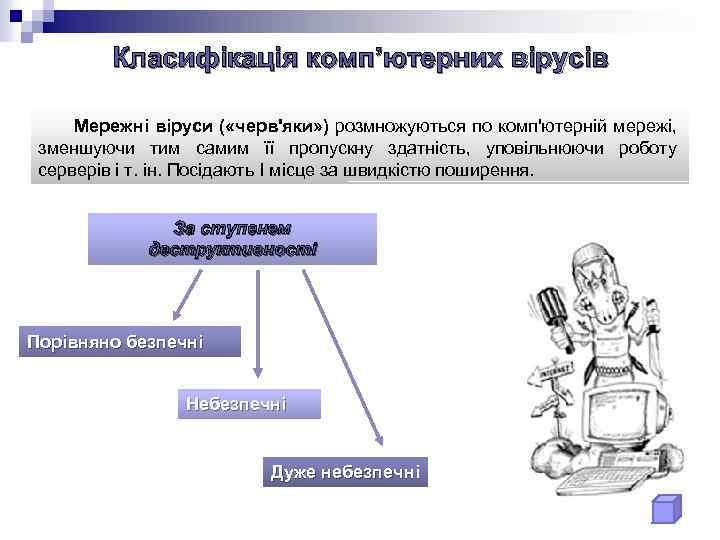 Класифікація комп’ютерних вірусів Мережні віруси ( «черв'яки» ) розмножуються по комп'ютерній мережі, зменшуючи тим