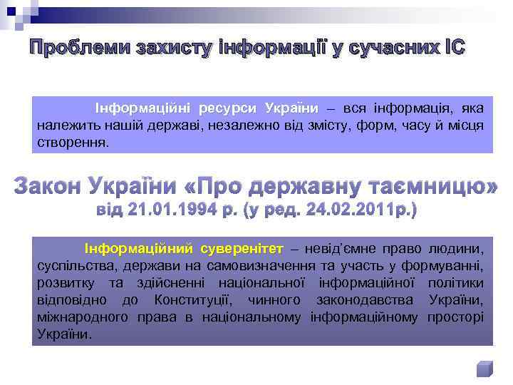 Проблеми захисту інформації у сучасних ІС Інформаційні ресурси України – вся інформація, яка належить