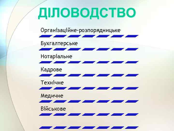 ДІЛОВОДСТВО Організаційне-розпорядницьке Бухгалтерське Нотаріальне Кадрове Технічне Медичне Військове 