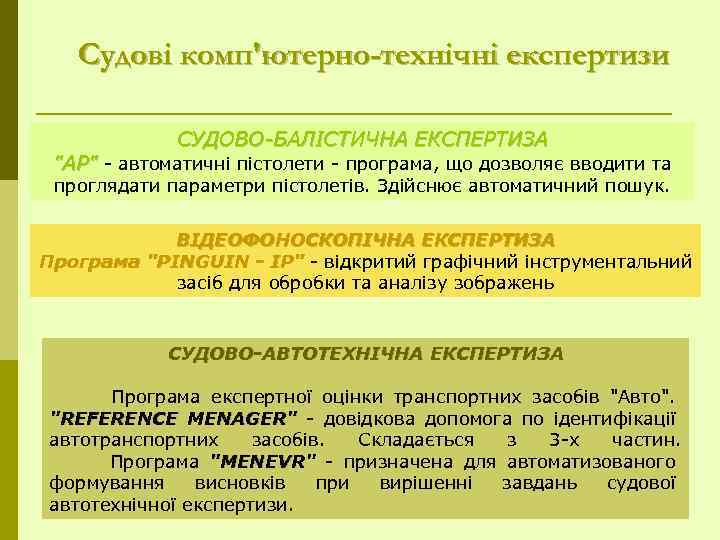 Судові комп'ютерно-технічні експертизи СУДОВО-БАЛІСТИЧНА ЕКСПЕРТИЗА 