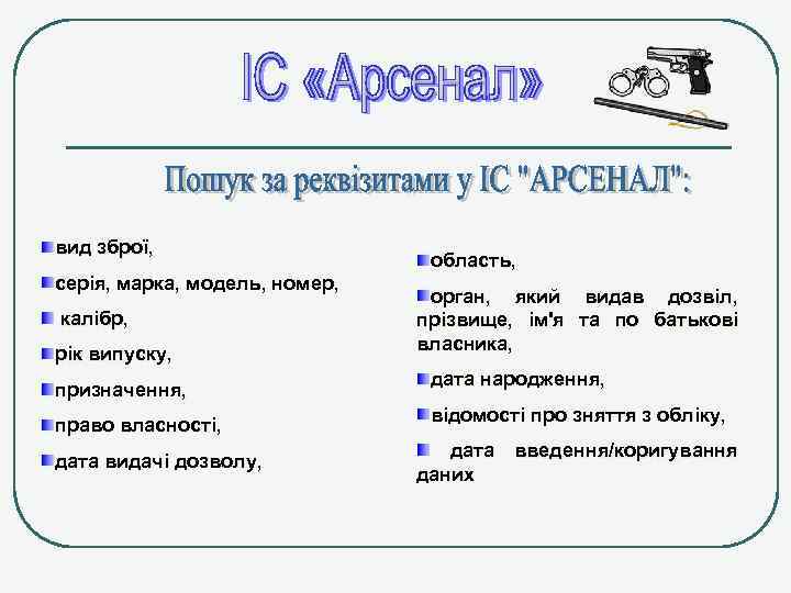 вид зброї, серія, марка, модель, номер, калібр, рік випуску, призначення, право власності, дата видачі
