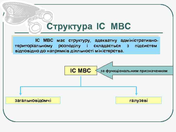 Структура ІС МВС має структуру, адекватну адміністративнотериторіальному розподілу і складається з підсистем відповідно до