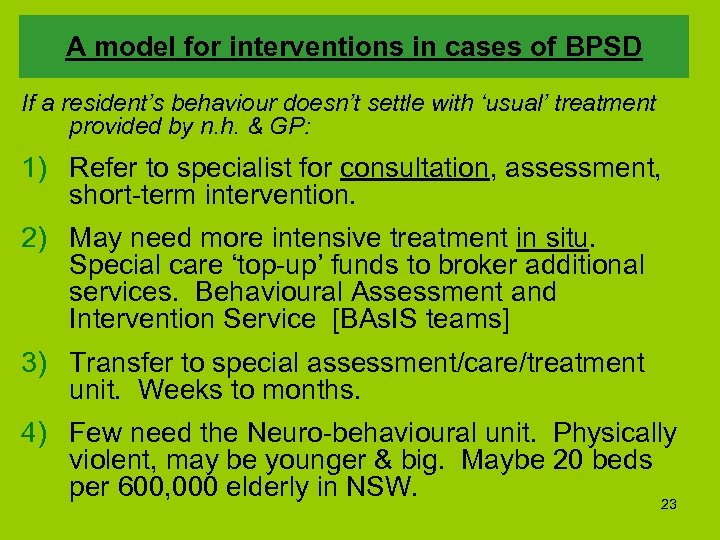 A model for interventions in cases of BPSD If a resident’s behaviour doesn’t settle