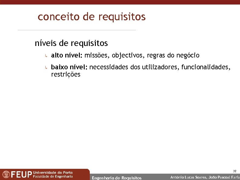 conceito de requisitos níveis de requisitos ↳ alto nível: missões, objectivos, regras do negócio
