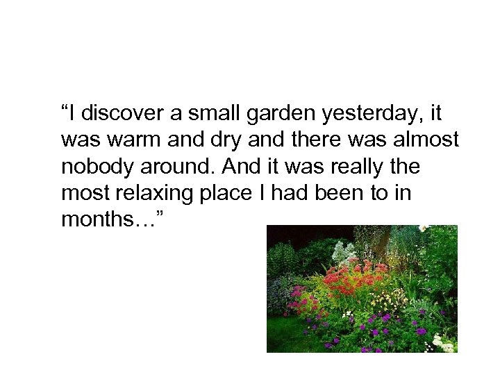 “I discover a small garden yesterday, it was warm and dry and there was