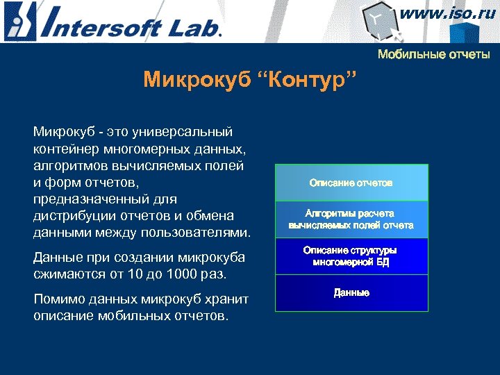 Мобильные отчеты Микрокуб “Контур” Микрокуб - это универсальный контейнер многомерных данных, алгоритмов вычисляемых полей