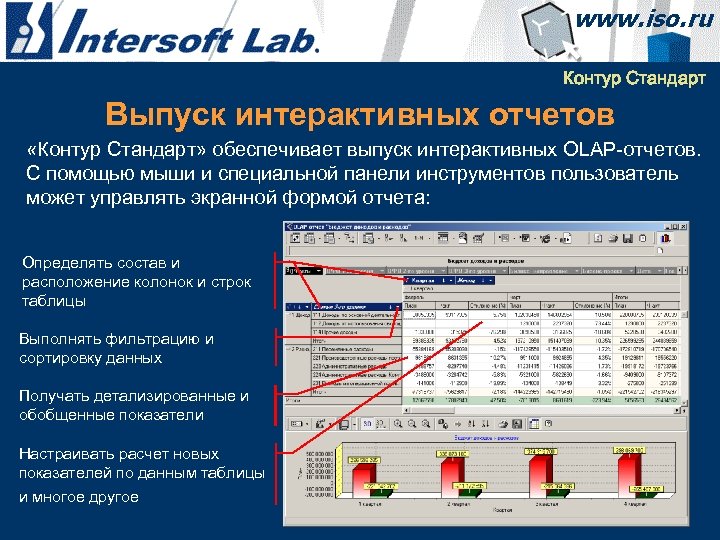 Контур Стандарт Выпуск интерактивных отчетов «Контур Стандарт» обеспечивает выпуск интерактивных OLAP-отчетов. С помощью мыши