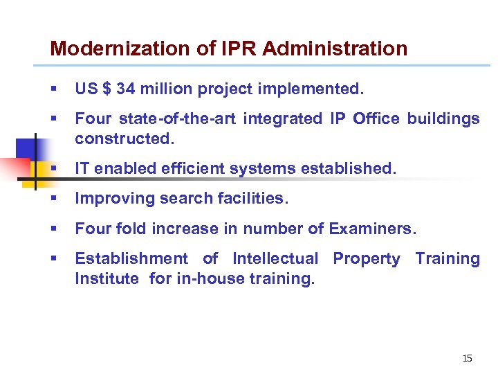 Modernization of IPR Administration § US $ 34 million project implemented. § Four state-of-the-art