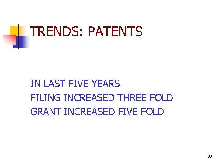 TRENDS: PATENTS IN LAST FIVE YEARS FILING INCREASED THREE FOLD GRANT INCREASED FIVE FOLD