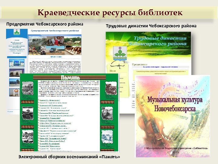 Краеведческие ресурсы библиотек Предприятия Чебоксарского района Трудовые династии Чебоксарского района Электронный сборник воспоминаний «Память»