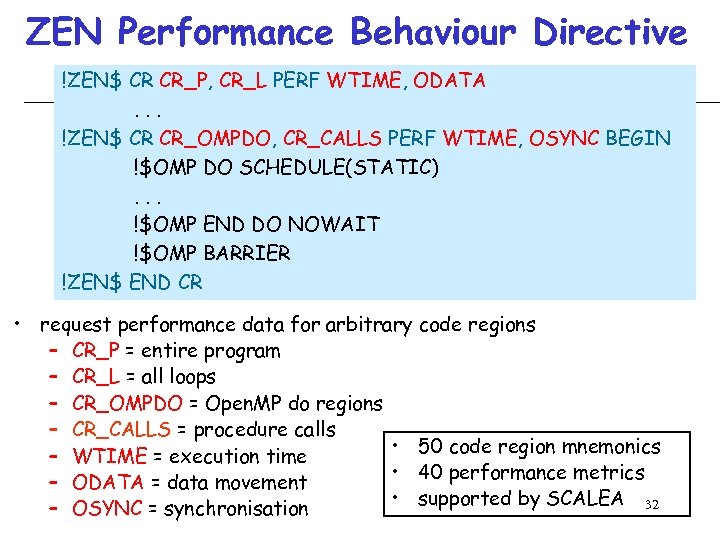 ZEN Performance Behaviour Directive !ZEN$ CR CR_P, CR_L PERF WTIME, ODATA. . . !ZEN$