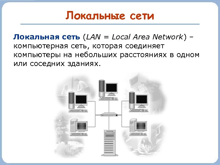Локальные сети Локальная сеть (LAN = Local Area Network) – компьютерная сеть, которая соединяет