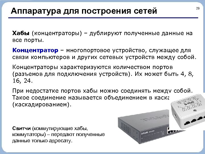 Аппаратура для построения сетей 29 Хабы (концентраторы) – дублируют полученные данные на все порты.