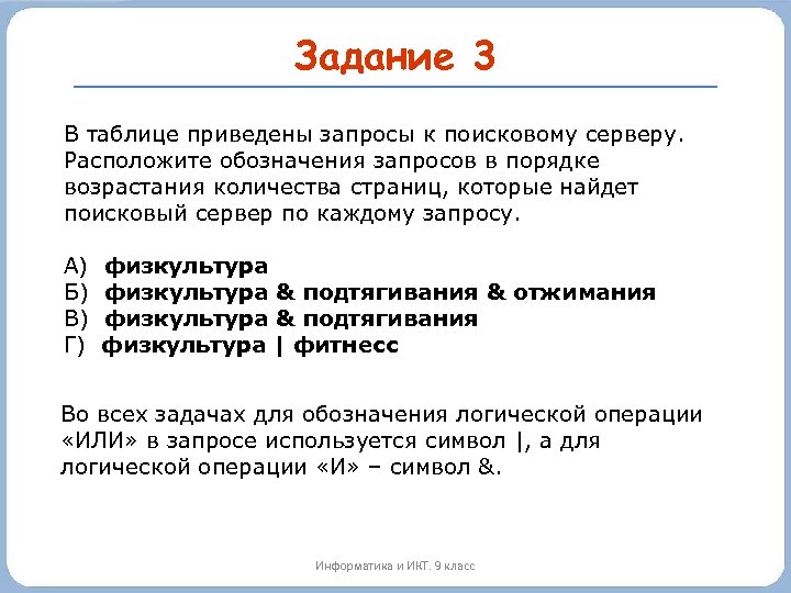 Задание 3 В таблице приведены запросы к поисковому серверу. Расположите обозначения запросов в порядке