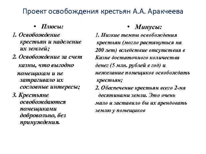 Что предполагал проект отмены крепостного права а аракчеева