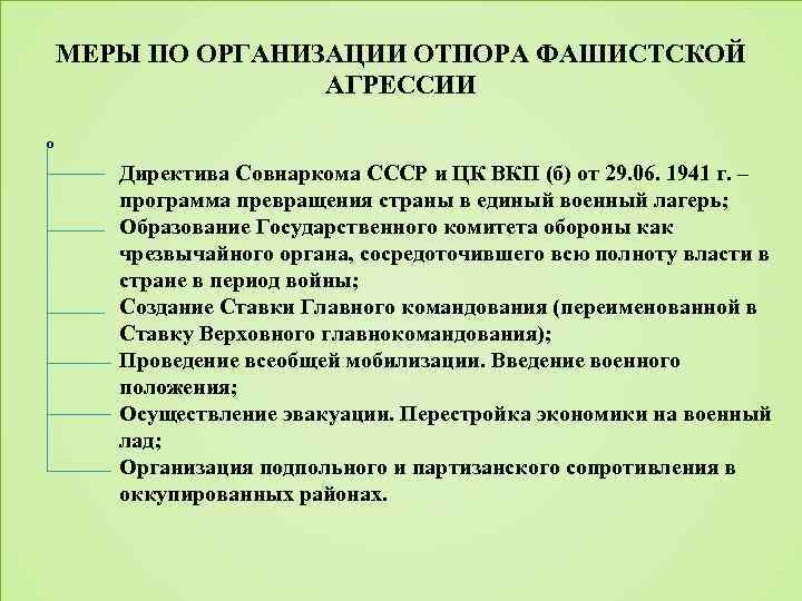 МЕРЫ ПО ОРГАНИЗАЦИИ ОТПОРА ФАШИСТСКОЙ АГРЕССИИ Директива Совнаркома СССР и ЦК ВКП (б) от