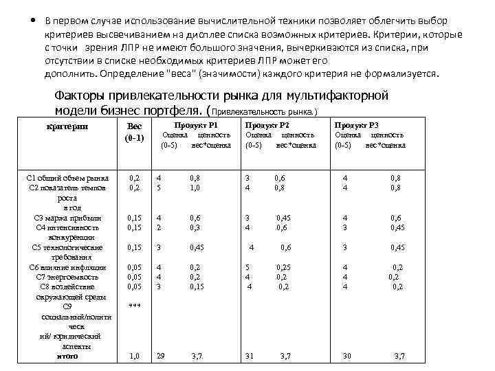  В первом случае использование вычислительной техники позволяет облегчить выбор критериев высвечиванием на дисплее