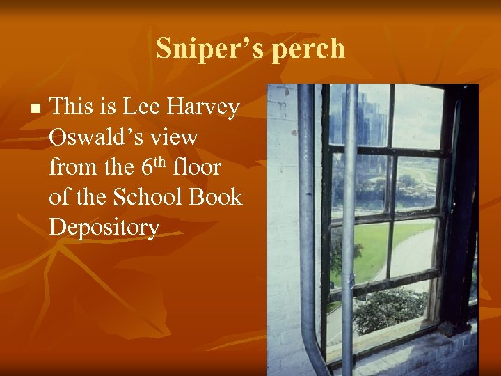 Sniper’s perch n This is Lee Harvey Oswald’s view from the 6 th floor