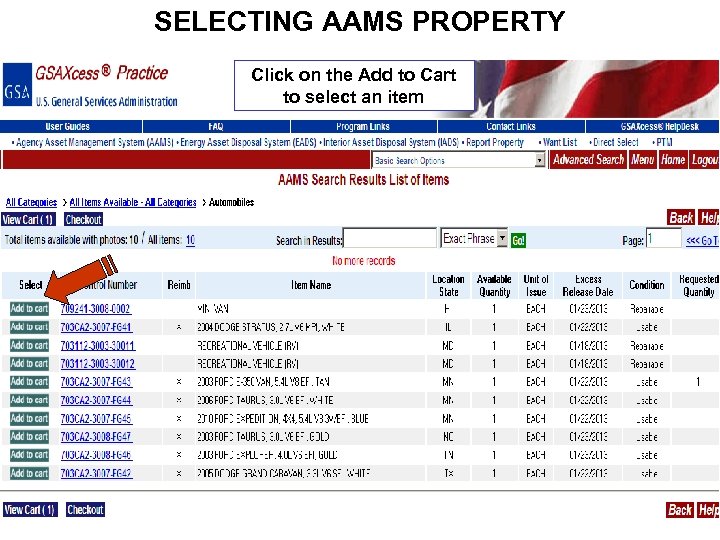 SELECTING AAMS PROPERTY Click on the Add to Cart to select an item 