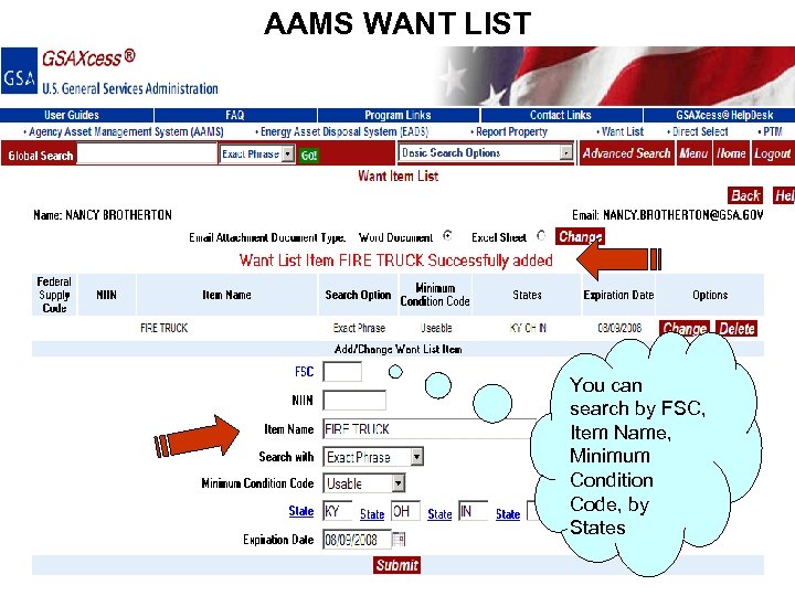 AAMS WANT LIST You can search by FSC, Item Name, Minimum Condition Code, by
