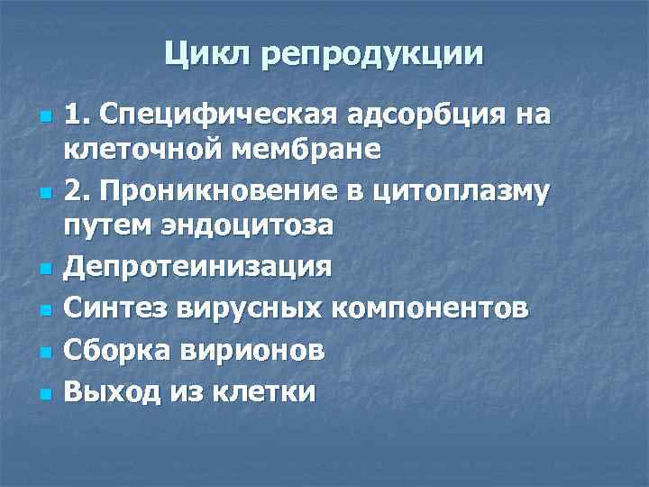 Цикл репродукции n n n 1. Специфическая адсорбция на клеточной мембране 2. Проникновение в
