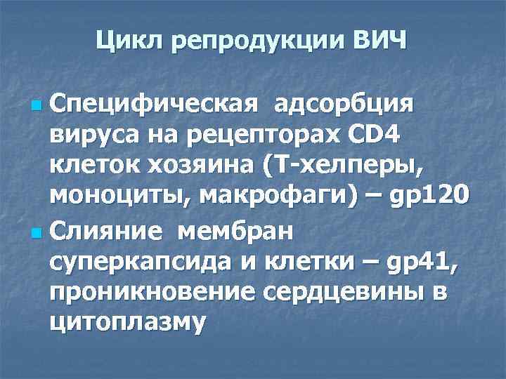 Цикл репродукции ВИЧ Специфическая адсорбция вируса на рецепторах CD 4 клеток хозяина (Т-хелперы, моноциты,