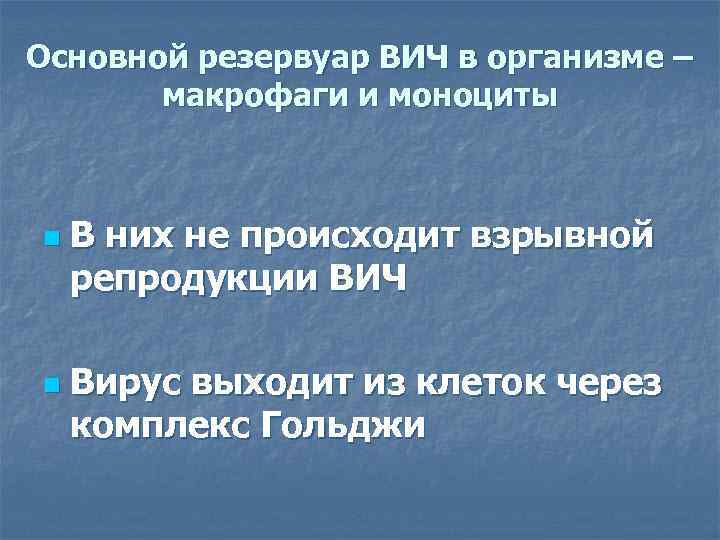 Основной резервуар ВИЧ в организме – макрофаги и моноциты n n В них не