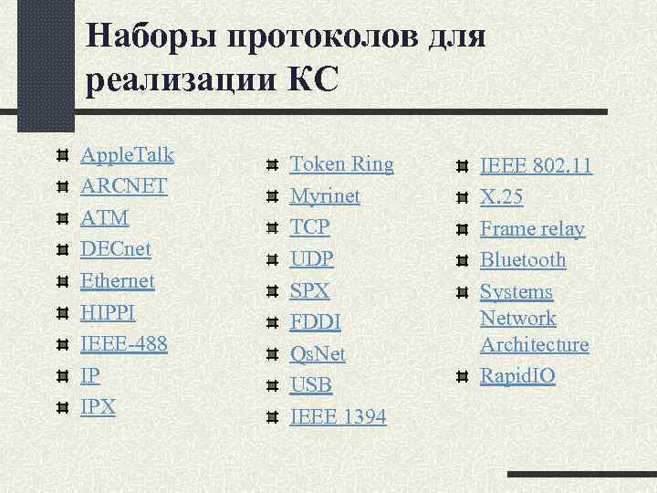 Наборы протоколов для реализации КС Apple. Talk ARCNET ATM DECnet Ethernet HIPPI IEEE-488 IP